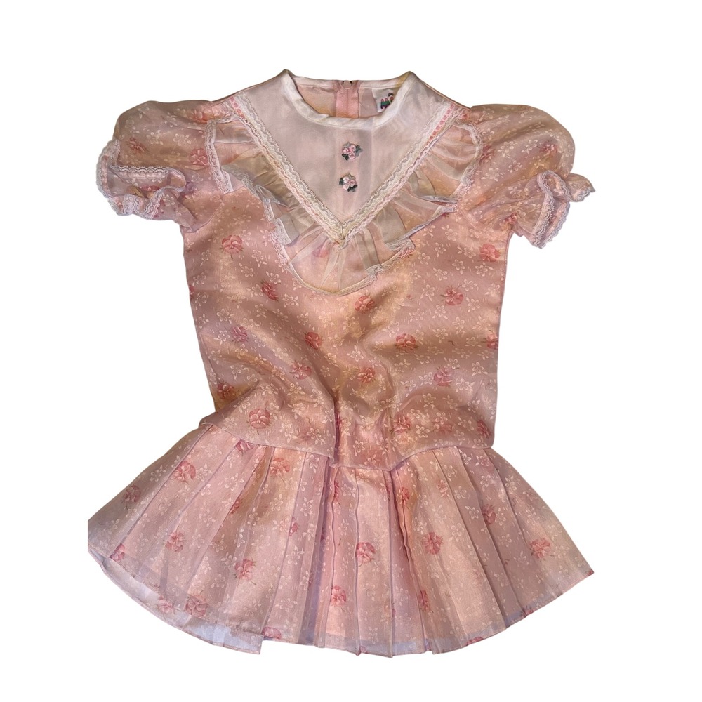 Vintage Girls Pink Floral Organza Pleated Party Dress Lace Ruffle Bib Collar 3T